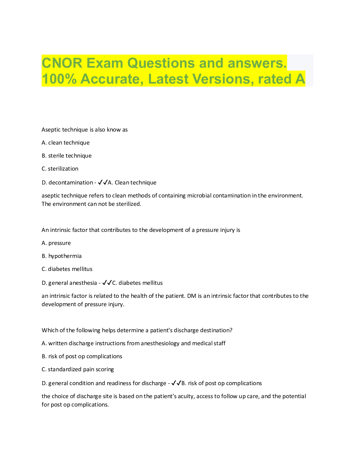 Preview image for CNOR Exam Questions and answers.  100% Accurate, Latest Versions, rated A